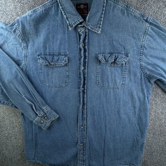 Wrangler Large Blue Denim Button Up Shirt All Cotton W/ Pockets Men’s L/S Adult - Picture 1 of 13